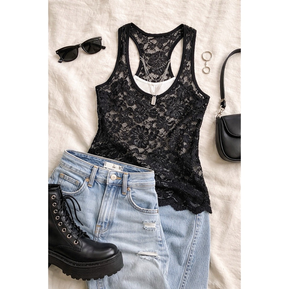 BKE Black Lace Tank Top Women's Small Sheer Floral Scalloped Hem Y2K